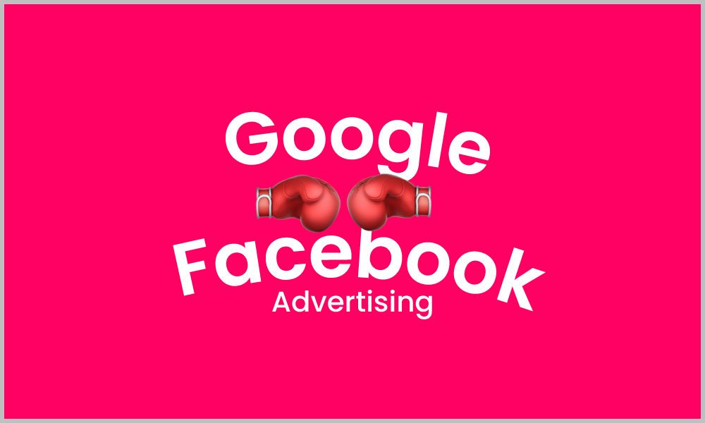  A red background with the words 'Google' and 'Facebook' in white, with a pair of boxing gloves in between, and the word 'Advertising' underneath.